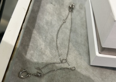 ケース内で複雑に絡まってしまったネックレス全体の写真