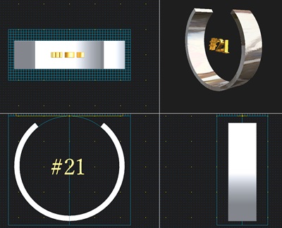 3DCADソフトで設計中のリング。正面・斜め・上・横の4アングルから確認できる画面。