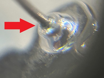 顕微鏡拡大写真、もう片方のピアス芯の付け根グラつき部分を赤矢印で指示