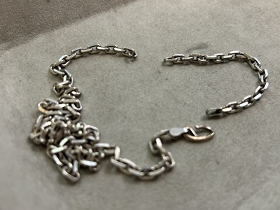 切れて二つに分かれたシルバーのネックレス全体写真