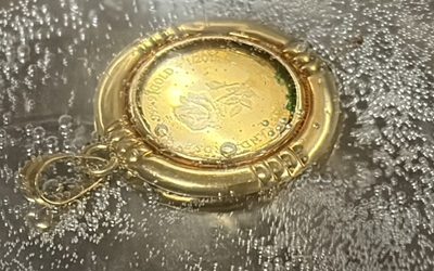 液体（洗浄液または水）の中に浸けられ、細かな気泡に包まれているゴールドのコインペンダントトップ。